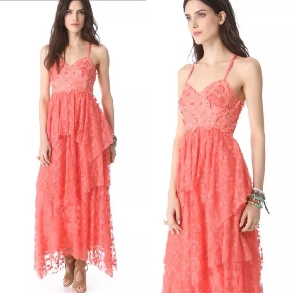 Free People Coral Flower Embroidered Tiered Lace Open Back Maxi Dress - 4 - Picture 4 of 15
